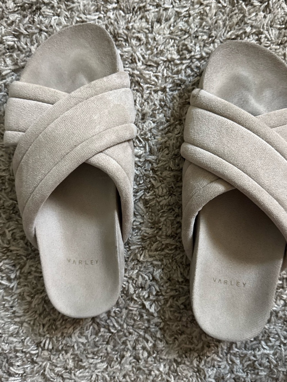 Varley Beige Suede Crossband Slide Mules